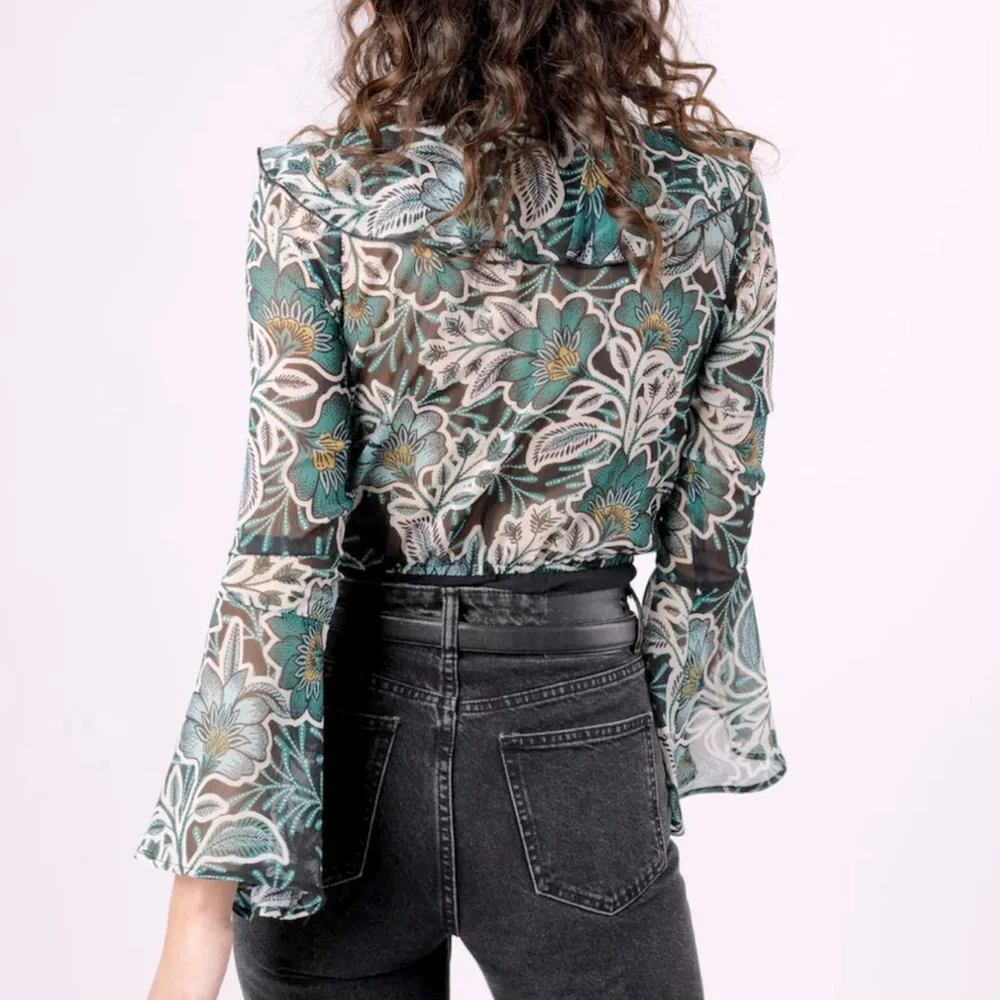 NWT Band of the Free Floral Chiffon Ruffle Bodysuit Green Black Women’s Small - Picture 6 of 9